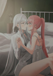 Rule 34 | 2girls, ahoge, bare arms, bare shoulders, bed, black ribbon, blush, brown eyes, chihuri, choker, collared shirt, commentary request, curtains, dress, dress shirt, ear piercing, earrings, eye contact, grey eyes, grey hair, hair between eyes, hair ribbon, highres, indoors, jewelry, long hair, looking at another, multiple girls, original, piercing, pillow, pink hair, ponytail, ribbon, shirt, sitting, sleeveless, sleeveless dress, strap slip, stud earrings, vase, very long hair, white choker, white dress, white shirt, yana (chihuri), yuri, zoya petrovna vecheslova