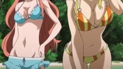 Rule 34 | 10s, 2girls, 3boys, :d, akame ga kill!, animated, anime screenshot, ass, audible speech, bikini, black eyes, black male swimwear, black swim trunks, blonde hair, blue male swimwear, blue swim trunks, breasts, breasts squeezed together, brown hair, candy, chelsea (akame ga kill!), cleavage, english audio, food, green eyes, green hair, green male swimwear, green swim trunks, horns, large breasts, leone (akame ga kill!), lollipop, long hair, looking at viewer, lubbock, male swimwear, mouth hold, multicolored clothes, multicolored male swimwear, multicolored swim trunks, multicolored swimsuit, multiple boys, multiple girls, navel, o-ring, o-ring bikini, o-ring bottom, o-ring top, one-piece swimsuit, open mouth, print male swimwear, print swim trunks, print swimsuit, purple hair, red eyes, red male swimwear, red swim trunks, screencap, small breasts, smile, sound, square enix, standing, striped bikini, striped clothes, swim trunks, swimsuit, tagme, tatsumi (akame ga kill!), thighs, vertical-striped bikini, vertical-striped clothes, vertical-striped male swimwear, video, yellow eyes
