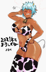Rule 34 | 1girl, animal ears, blue hair, blush, bra, choker, cow ears, cow tail, cowbell, dark skin, highres, horns, muffin top, red eyes, short hair, sweat, tail, thick thighs, thighhighs, thighs, thong, underwear, yorvbe