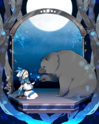 Rule 34 | 1girl, 2rott (peha), animal, bear, belt, blonde hair, blue eyes, blue hair, boots, braid, constellation, cupping hands, dress, fur trim, gradient hair, hair ribbon, headband, holding, hood, jewelry, lantern, leaf, long hair, long sleeves, looking at another, moon, multicolored hair, multiple braids, necklace, open mouth, original, outdoors, own hands together, plant, ribbon, scarf, size difference, sky, starry sky print, surreal, tooth necklace, tree, twin braids, vines
