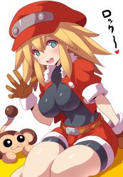 Rule 34 | 1girl, :d, animal, bike shorts, bike shorts under shorts, black shirt, blonde hair, blue eyes, blush, breasts, brown gloves, cabbie hat, cropped jacket, data (mega man), gloves, hair between eyes, hand up, hat, heart, highres, impossible clothes, jacket, konno tohiro, large breasts, leaning forward, long hair, looking at viewer, mega man (series), mega man legends (series), monkey, open clothes, open jacket, open mouth, red hat, red jacket, red shorts, roll caskett (mega man), shiny skin, shirt, short sleeves, shorts, sidelocks, simple background, sitting, smile, solo, turtleneck, white background
