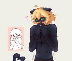 Rule 34 | 1boy, adrien agreste, animal ears, blonde hair, bodysuit, cat boy, cat ears, chat noir, covering own mouth, fake animal ears, green eyes, heart, heart tail, male focus, miraculous ladybug, signature, smile, solo, sweet-childhood-dreams, tail