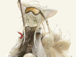 Rule 34 | 1girl, animal ears, arknights, arm belt, arm ribbon, black gloves, black jacket, black scarf, blonde hair, brown background, brown bag, clenched hand, closed mouth, coat, fox ears, gloves, goggles, goggles on head, green eyes, hand up, holding, holding staff, hugging object, jacket, kitsune, kyuubi, looking at viewer, mani tamlyn, multiple tails, official alternate costume, raised eyebrows, red ribbon, ribbon, scarf, sidelocks, sleeveless, sleeveless coat, solo, staff, suzuran (arknights), suzuran (lostlands flowering) (arknights), tail, upper body, white coat
