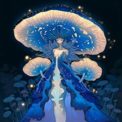 Rule 34 | 1girl, bare shoulders, blue dress, blue theme, breasts, closed eyes, collarbone, commentary, dress, english commentary, facing viewer, highres, layered dress, light particles, mushroom, mushroom girl, mushroom hat, off-shoulder dress, off shoulder, original, personification, solo, standing, surf kawena