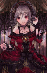 Rule 34 | 1girl, bare shoulders, black headdress, black ribbon, blush, breasts, brooch, closed mouth, dress, drill hair, flower, frilled dress, frills, gothic lolita, grey hair, hair flower, hair ornament, idolmaster, idolmaster cinderella girls, idolmaster cinderella girls starlight stage, jewelry, kanzaki ranko, lolita fashion, long hair, long sleeves, looking at viewer, medium breasts, necklace, oden100, pendant choker, red dress, red eyes, ribbon, scrunchie, skirt hold, smile, solo, twin drills, twintails