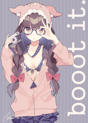 Rule 34 | 1girl, artist name, bad id, bad pixiv id, bikini, booota, bow, braid, breasts, brown eyes, brown hair, camera, cleavage, cursive, facial mark, front-tie bikini top, front-tie top, glasses, hair bow, hair over shoulder, heart, heart facial mark, hood, hoodie, jacket, long hair, looking at viewer, nail polish, ok sign, ok sign over eye, original, pig hood, signature, solo, striped, striped background, swimsuit, twin braids, unzipped, vertical stripes