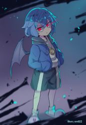 Rule 34 | 1girl, artist request, bat wings, blue hair, commentary request, fang, full body, glowing, glowing eyes, hair between eyes, hands in pocket, highres, hood, hooded jacket, jacket, light trail, pocket watch, red eyes, remilia scarlet, shirt, short hair, shorts, simple background, slippers, socks, solo, touhou, watch, white shirt, wings