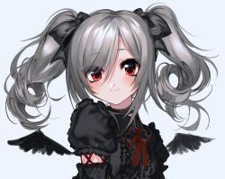 Rule 34 | 1girl, bad id, bad source, bad twitter id, black bow, black shirt, bow, choker, detached wings, feathered wings, frills, grey hair, hair bow, highres, idolmaster, idolmaster cinderella girls, kanzaki ranko, lace, lace-trimmed bow, lace choker, lace trim, mini wings, puffy short sleeves, puffy sleeves, red bow, red eyes, red neckwear, shirt, short sleeves, simple background, smile, twintails, unxi, wings