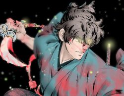 Rule 34 | 1boy, black background, blood, blood on clothes, blood on face, blue kimono, brown hair, fate/samurai remnant, fate (series), fireflies, glowing, hair between eyes, holding, holding sword, holding weapon, japanese clothes, katana, kimono, male focus, miyamoto iori (fate), multiple swords, open mouth, oyatsu (hana), red eyes, short hair, solo, sword, topknot, upper body, weapon