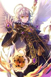 Rule 34 | 1boy, ahoge, angel wings, ball, crocell (soccer spirits), gl ztoh, grin, highres, hood, hood down, male focus, silver hair, smile, soccer ball, soccer spirits, solo, standing, tassel, transparent background, wide sleeves, wings, yellow eyes