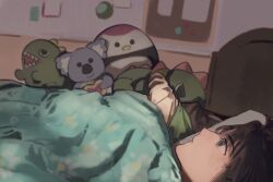 2girls 500_dollar_four_foot_tall_mareep_(meme) bedroom black_hair blunt_bangs brown_hair closed_mouth commentary covered_erect_nipples green_eyes green_hood hood hoodie hugging_doll hugging_object indoors kachimachi_kosuzu kachimachi_kosuzu_(summer_loungewear) link!_like!_love_live! long_hair love_live! lying meme momose_ginko multiple_girls on_back on_bed pipi_(m1x_mix) short_hair stuffed_animal stuffed_bird stuffed_dinosaur stuffed_koala stuffed_toy virtual_youtuber yellow_hoodie