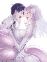Rule 34 | 1boy, 1girl, black hair, blush, breasts, doctor, dress, closed eyes, glenn litbeit, highres, lamia, large breasts, monster girl, monster musume no oisha-san, official art, open mouth, red hair, saphentite neikes, simple background, smile, veil, wedding dress, white background, z-ton