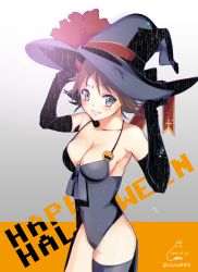 Rule 34 | 10s, 1girl, artist name, black gloves, breasts, brown hair, cleavage, elbow gloves, elska0813, english text, flipped hair, gloves, grey eyes, halloween, halloween costume, happy halloween, hat, hiei (kancolle), kantai collection, looking at viewer, saki (little crown), short hair, signature, smile, solo, witch hat
