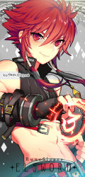 Rule 34 | black shirt, blouse, character name, collared shirt, copyright name, elsword, elsword (character), hair between eyes, jewelry, male focus, midriff, necklace, pika (kai9464), red eyes, red hair, rune slayer (elsword), runes, shirt, smile, solo, striped clothes, striped shirt, tagme
