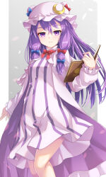 Rule 34 | 1girl, blue bow, book, bow, closed mouth, crescent, crescent hat ornament, dress, feet out of frame, frilled sleeves, frills, hair between eyes, hair bow, hat, hat ornament, highres, holding, holding book, long hair, long sleeves, mob cap, open book, patchouli knowledge, purple eyes, purple hair, purple hat, red bow, solo, striped clothes, striped dress, touhou, uumaru, vertical-striped clothes, vertical-striped dress