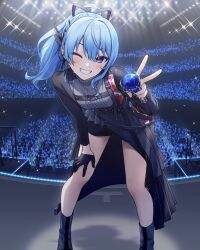 Rule 34 | 1girl, akabino, audience, belt, black belt, black gloves, black nails, black shirt, black shorts, blue eyes, blue hair, blush, boots, commentary request, concert, feet out of frame, floral print, gloves, glowstick, grin, hair ribbon, high ponytail, highres, holding, holding microphone, hololive, hoshimachi suisei, hoshimachi suisei (shout in crisis), leaning forward, legs, long hair, long sleeves, microphone, official alternate costume, official alternate hairstyle, one eye closed, penlight (glowstick), ribbon, rose print, shirt, short shorts, shorts, single glove, smile, solo, stage, stage lights, sweat, turtleneck, v, virtual youtuber, wing hair ornament