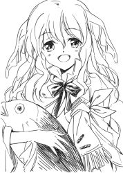 Rule 34 | 1girl, agahari, fish, greyscale, looking at viewer, monochrome, open mouth, persia (rune factory), rune factory, rune factory 3, simple background, smile, solo, white background
