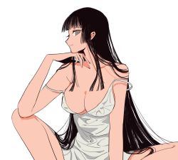 Rule 34 | 1girl, areola slip, bare legs, bare shoulders, black hair, blunt bangs, breasts, chemise, cleavage, collarbone, covered erect nipples, dress, elbow rest, eyelashes, feet out of frame, grey eyes, head rest, hime cut, ichihara yuuko, knee up, large breasts, long hair, looking at viewer, meypul7, profile, sidelocks, sideways glance, simple background, sitting, sleeveless, sleeveless dress, smile, solo, straight hair, strap gap, strap slip, white background, xxxholic