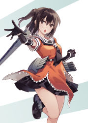 Rule 34 | 1girl, :o, black footwear, black gloves, black neckerchief, black skirt, blush, brown eyes, brown hair, commentary request, elbow gloves, frilled shirt, frills, gloves, highres, kantai collection, leg up, looking at viewer, neckerchief, one side up, open mouth, orange shirt, outstretched arm, sailor collar, school uniform, sendai (kancolle), serafuku, shirt, shoes, short hair, short sleeves, skirt, solo, standing, standing on one leg, torpedo tubes, tugo, two-tone background, white sailor collar