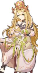 1girl bare_shoulders blonde_hair bow butterfly_hair_ornament celine_(fire_emblem) crown cup dress fire_emblem fire_emblem_engage flat_chest flower green_eyes hair_ornament highres holding holding_cup long_hair looking_at_viewer nintendo orange_bow orange_gemstone orange_wristband princess solo teacup very_long_hair vofthefairf0lk wrist_bow yellow_dress