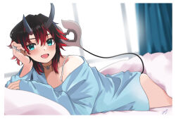 Rule 34 | 1girl, alternate costume, black hair, blue eyes, blue shirt, blush, commentary request, curtains, demon girl, demon horns, demon tail, feet out of frame, highres, horns, indoors, jewelry, long sleeves, looking at viewer, lying, multicolored hair, multiple rings, nanashi inc., on bed, on stomach, open mouth, red hair, ring, ryugasaki rene, shirt, short hair, single bare shoulder, smile, solo, tail, two-tone hair, virtual youtuber, zono (inokura syuzo029)