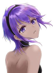 Rule 34 | 1girl, ayamu (igakato), back, dark-skinned female, dark skin, eyebrows hidden by hair, fate/grand order, fate/prototype, fate (series), hairband, hassan of serenity (fate), highres, looking at viewer, looking back, purple eyes, purple hair, short hair, simple background, solo, upper body, white background