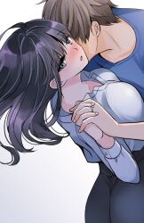 Rule 34 | 1boy, 1girl, ass, black hair, blue shirt, blush, breast press, breasts, brown hair, commentary request, gradient background, green eyes, highres, holding hands, kiss, kissing neck, large breasts, long hair, long sleeves, looking at viewer, looking back, original, parted lips, pencil skirt, shirt, short hair, skirt, straight hair, tinkle2013, white background, white shirt