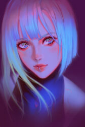 Rule 34 | 1girl, anihelate, blonde hair, blue eyes, blue hair, blurry, bob cut, chromatic aberration, commentary, cyberpunk (series), cyberpunk edgerunners, eyeliner, highres, lip ring, lucy (cyberpunk), multicolored hair, portrait, red eyeliner, sleeveless, solo, streaked hair, symbol-only commentary, two-tone hair