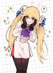 Rule 34 | !, 1girl, ahoge, appleale19, artoria caster (fate), artoria caster (second ascension) (fate), artoria pendragon (fate), black gloves, black pantyhose, blonde hair, blue bow, blue gemstone, blush, bow, buttons, checkered background, collared shirt, diamond (shape), fate/grand order, fate (series), gem, gloves, gold trim, green eyes, grid background, hair bow, hand on own face, highres, long hair, long sleeves, looking at viewer, pantyhose, purple bow, rabbit, red eyes, shirt, skirt, standing, twintails, white shirt, white skirt