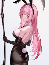 Rule 34 | 1girl, animal ears, ass, back, bare shoulders, black leotard, black pantyhose, blunt bangs, blush, breasts, cleavage, detached collar, elbow gloves, fake animal ears, fake tail, gloves, highres, holding, holding weapon, hololive, hololive english, large breasts, leotard, long hair, looking back, mori calliope, pantyhose, pink eyes, pink hair, playboy bunny, rabbit ears, rabbit tail, shirase rin, smile, solo, tail, virtual youtuber, weapon, wrist cuffs
