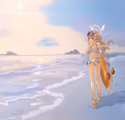 Rule 34 | 1girl, beach, bikini, blue archive, brown hair, closed mouth, eyewear on head, frilled bikini, frills, halo, hifumi (blue archive), hifumi (swimsuit) (blue archive), highres, looking at viewer, low twintails, navel, ocean, official alternate costume, outdoors, round eyewear, sandals, smile, solo, summer, sunglasses, sunset, swimsuit, tamago (eva1314056), twintails, walking, white bikini, yellow halo