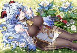 Rule 34 | 1girl, alternate eye color, arm support, bare shoulders, bell, blue eyes, blue hair, bodysuit, bodysuit under clothes, breasts, brown bodysuit, collarbone, commentary, covered navel, cowbell, english commentary, flower, from above, ganyu (genshin impact), genshin impact, goat horns, grass, hair between eyes, holding, holding flower, horns, large breasts, long hair, looking at viewer, open mouth, piukute062, sitting, smile, solo