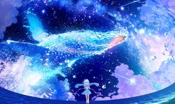 Rule 34 | 1girl, animal, bubble, cloud, cloudy sky, fish, floating, flying fish, flying whale, grey hair, highres, long sleeves, makoron117117, night, night sky, original, ribbon, scenery, short hair, skirt, sky, space, star (sky), starry sky, water, whale