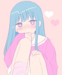 Rule 34 | 1girl, bad id, bad tumblr id, blue eyes, blue hair, blush, emma (kumaema), heart, heart-shaped pupils, highres, knees up, long hair, looking at viewer, multicolored eyes, original, pink sweater, purple eyes, signature, simple background, sitting, solo, straight hair, sweater, symbol-shaped pupils