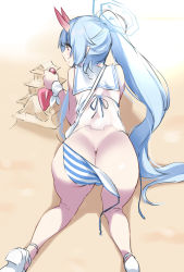 Rule 34 | 1girl, all fours, ass, back, bikini, blue archive, blue hair, blush, chise (blue archive), chise (swimsuit) (blue archive), fukuinu, halo, highres, horns, long hair, oni horns, ponytail, red eyes, sailor collar, sand castle, sand sculpture, sandals, see-through, shovel, solo, striped bikini, striped clothes, swimsuit, wardrobe malfunction