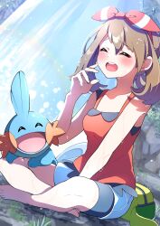 Rule 34 | 1girl, absurdres, bag, barefoot, bike shorts, bike shorts under shorts, blush, bow hairband, brown hair, closed eyes, collarbone, commentary request, creatures (company), day, eyelashes, game freak, gen 3 pokemon, hairband, happy, highres, may (pokemon), mudkip, nintendo, open mouth, outdoors, pokemon, pokemon (creature), pokemon oras, pon yui, red hairband, red shirt, shirt, shorts, sitting, sleeveless, sleeveless shirt, teeth, toes, tongue, unworn bag, upper teeth only, water, wet, white shorts