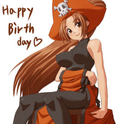Rule 34 | 1girl, arc system works, bad id, bad pixiv id, bare shoulders, birthday, bodysuit, breasts, brown eyes, brown hair, covered erect nipples, gousaikoo, guilty gear, hat, impossible clothes, impossible shirt, large breasts, may (guilty gear), orange hat, pantyhose, pirate hat, shirt, sitting, skin tight, solo