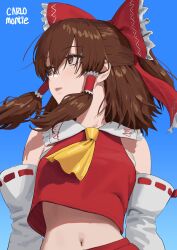 Rule 34 | 1girl, absurdres, ascot, blue sky, bow, brown eyes, brown hair, carlo montie, day, detached sleeves, frilled bow, frills, hair bow, hair tubes, hakurei reimu, highres, midriff, navel, outdoors, red bow, red shirt, red skirt, shirt, skirt, sky, solo, touhou, white sleeves, yellow ascot