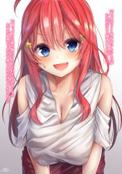 Rule 34 | 1girl, ahoge, bad id, bad pixiv id, blue eyes, blush, breasts, cleavage, clothing cutout, collarbone, go-toubun no hanayome, hair between eyes, hair ornament, highres, large breasts, leaning forward, long hair, looking at viewer, nakano itsuki, open mouth, ramchi, red hair, shirt, shoulder cutout, sidelocks, smile, solo, star (symbol), star hair ornament, sweatdrop, translation request, white shirt
