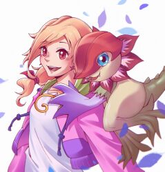 Rule 34 | 1girl, 1other, blonde hair, burrito-salad, digimon, digimon (creature), falling petals, floramon, highres, jacket, kimishima saki, open clothes, open jacket, open mouth, petals, pink jacket, red eyes, shirt, simple background, teeth, upper body, white background, white shirt