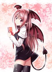 Rule 34 | 1girl, bat wings, black thighhighs, blush, book, border, breasts, demon tail, demon wings, dress, dress shirt, gradient background, head tilt, head wings, highres, holding, holding book, juliet sleeves, koakuma, lace, lace border, librarian, long hair, long sleeves, looking at viewer, necktie, ornate border, pink eyes, pink hair, pointy ears, puffy sleeves, red eyes, red hair, reimei (r758120518), shirt, skirt, skirt set, smile, solo, tail, thighhighs, touhou, very long hair, vest, wings, zettai ryouiki