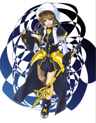 Rule 34 | 1girl, armor, armored dress, black gloves, blue eyes, blue ribbon, blue skirt, boots, breasts, brown hair, cropped jacket, fingerless gloves, gloves, hair ornament, hat, highres, looking at viewer, lyrical nanoha, magical girl, mahou shoujo lyrical nanoha, mahou shoujo lyrical nanoha strikers, medium breasts, pleated skirt, ribbon, schwertkreuz, short hair, skirt, smile, solo, sougetsu izuki, tome of the night sky, waist cape, white background, x hair ornament, yagami hayate