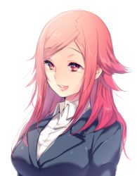 Rule 34 | 10s, 1girl, :d, breasts, collared shirt, eyebrows, eyelashes, jacket, kunichika yuu, large breasts, long hair, open mouth, parted bangs, pepper fever, pink eyes, pink hair, shirt, simple background, smile, solo, upper body, white background, white shirt, world trigger