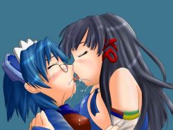 Rule 34 | 2girls, 2k-tan, bare shoulders, black hair, blue background, blue hair, blush, breasts, closed eyes, detached sleeves, exif thumbnail surprise, female focus, glasses, kiss, long hair, multiple girls, open mouth, os-tan, saliva, simple background, tears, tongue, upper body, xp-tan, yuri