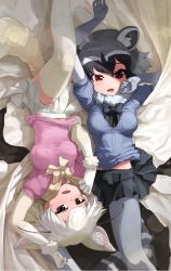 Rule 34 | 2girls, animal ears, arm up, arms up, black eyes, black hair, black skirt, blonde hair, blue sweater, bow, bowtie, breast pocket, breasts, brown hair, common raccoon (kemono friends), elbow gloves, extra ears, feet out of frame, fennec (kemono friends), fox ears, fox girl, fox tail, from above, fur collar, fur trim, gloves, grey hair, hand up, highres, kemono friends, looking at viewer, lying, medium hair, melaton, midriff peek, miniskirt, multicolored hair, multiple girls, on back, open mouth, pantyhose, parted bangs, pink sweater, pleated skirt, pocket, raccoon ears, raccoon girl, raccoon tail, red eyes, short-sleeved sweater, short sleeves, side-by-side, skirt, smile, stomach, sweater, tail, taut clothes, thighhighs, upside-down, white hair, white skirt, yellow legwear, zettai ryouiki