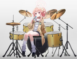 Rule 34 | 1girl, absurdres, ahoge, black footwear, black skirt, blue archive, blush, drink, drinking, drinking straw, drinking straw in mouth, drum, gradient background, halo, higashigure, highres, holding, holding drink, instrument, jacket, long hair, long sleeves, loose socks, natsu (band) (blue archive), natsu (blue archive), official alternate costume, open clothes, open jacket, pink hair, pink halo, pleated skirt, red eyes, shirt, shoes, sitting, skirt, socks, solo, white shirt, white socks, yellow jacket