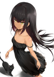 Rule 34 | 1girl, bitterpain, black dress, black hair, breasts, cat, closed mouth, collarbone, dress, floating hair, hair between eyes, highres, long hair, master nemesis, off shoulder, short dress, simple background, sleeveless, sleeveless dress, small breasts, smile, solo, spaghetti strap, standing, strap gap, to love-ru, to love-ru darkness, very long hair, white background, yellow eyes