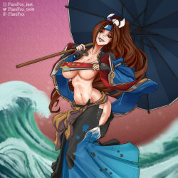 Rule 34 | 1girl, arc system works, breasts, brown hair, cosplay, fighting, flarefox, grin, guilty gear, guilty gear strive, highres, large breasts, long hair, looking at viewer, mito anji, original, shiranui mai, smile, snk, solo, the king of fighters, umbrella