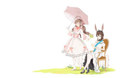 Rule 34 | absurdres, ambience synesthesia, amiya (arknights), animal ear fluff, animal ears, arknights, black footwear, blue eyes, bonnet, boots, bouquet, bow, brown hair, closed mouth, commentary request, crossed legs, cup, dress, eyjafjalla (arknights), fence, flower, frilled dress, frilled umbrella, frills, high heel boots, high heels, highres, holding, holding bouquet, holding cup, holding saucer, holding umbrella, lolita fashion, long sleeves, official alternate costume, pink flower, puffy short sleeves, puffy sleeves, rabbit ears, red eyes, red flower, red rose, rose, saucer, short sleeves, simple background, slu w, smile, standing, standing on one leg, striped, striped bow, tea, teacup, tiara, twintails, umbrella, white background, white dress, white flower, white footwear, white headwear, yellow flower