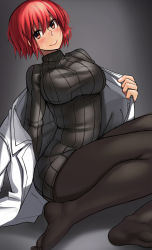 Rule 34 | 1girl, ayakumo, black pantyhose, blush, breasts, feet, female focus, highres, horikawa raiko, jacket, large breasts, long sleeves, no pants, open clothes, open jacket, pantyhose, red eyes, red hair, ribbed sweater, sitting, smile, solo, sweater, touhou, turtleneck, undressing